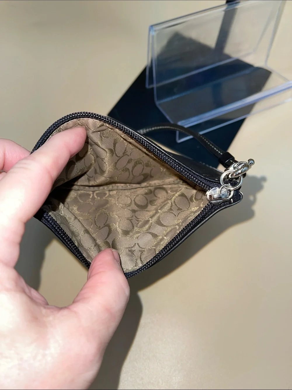 Coach Black Leather Wristlet Pouch with Contrast Stitching
